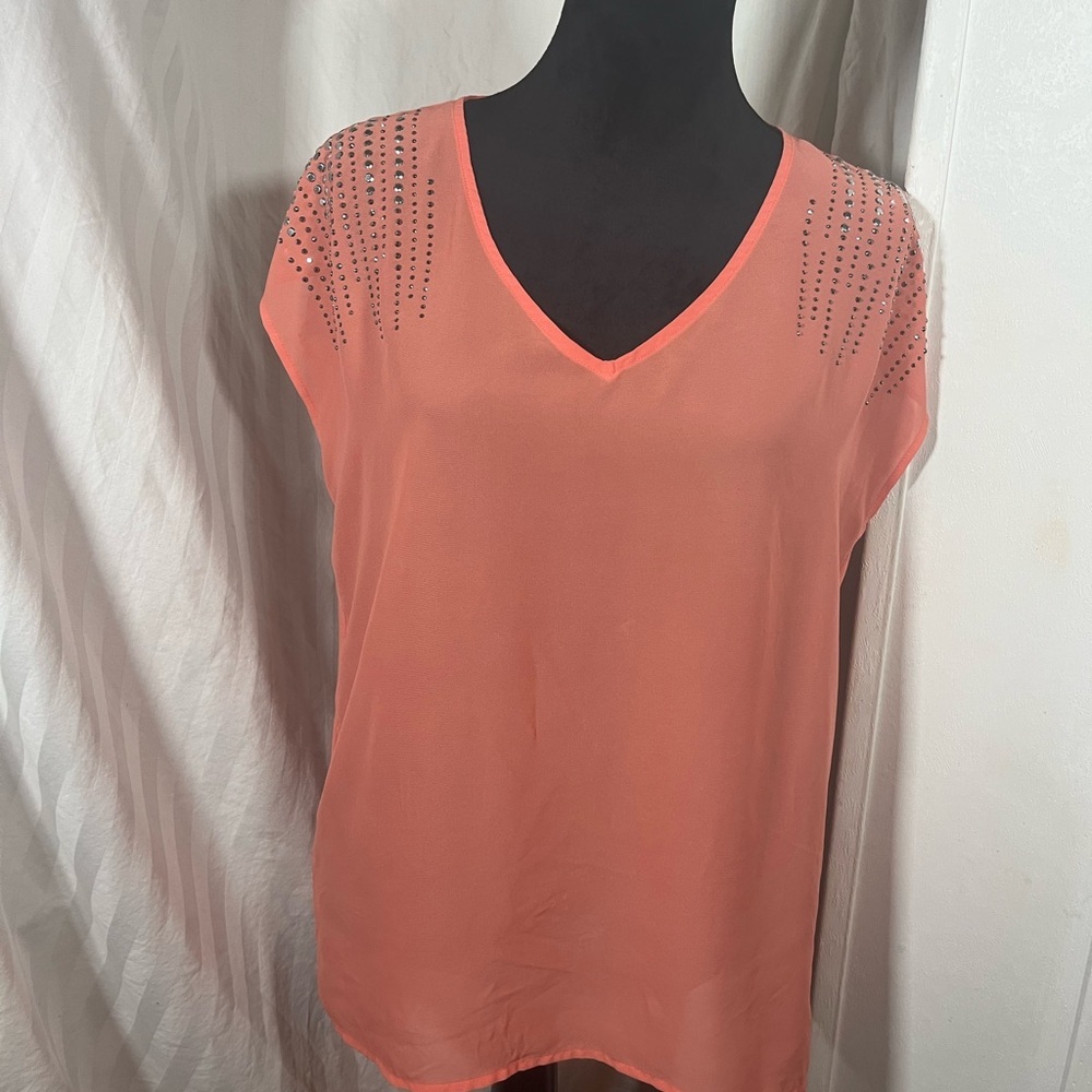Cato Coral Pink V-Neck Blouse Rhinestone Shoulder Embellished Top Size M